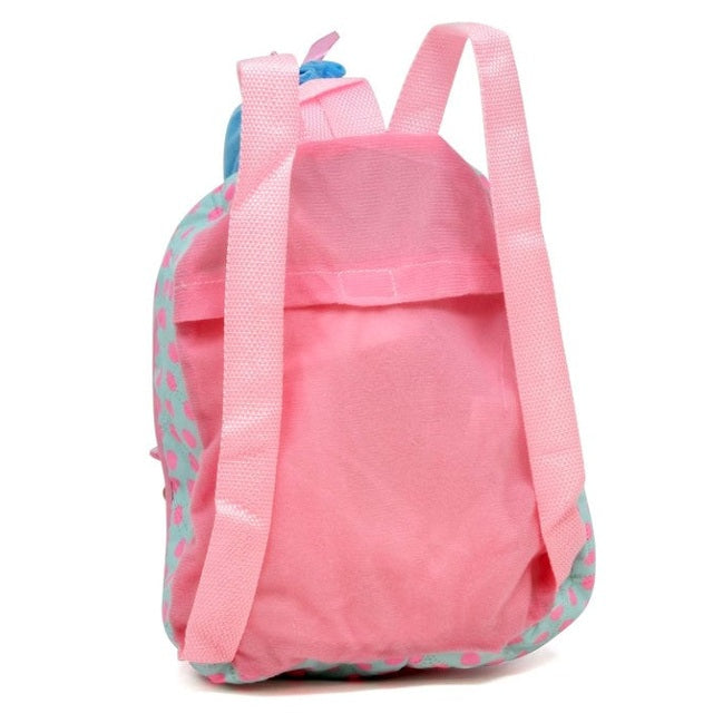 Pink and teal plush backpack with adjustable straps.
