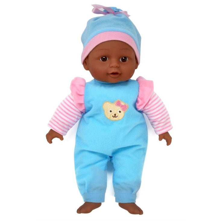 Brown-skinned baby doll wearing blue pajamas with pink accents.