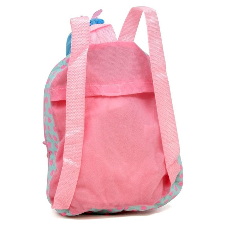 Back of a pink and blue toddler backpack.