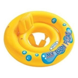 Here is a short, clear, and descriptive alt tag for the image:
Yellow inflatable baby float with seat.