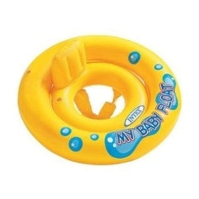 Here is a short, clear, and descriptive alt tag for the image:
Yellow inflatable baby float with seat.