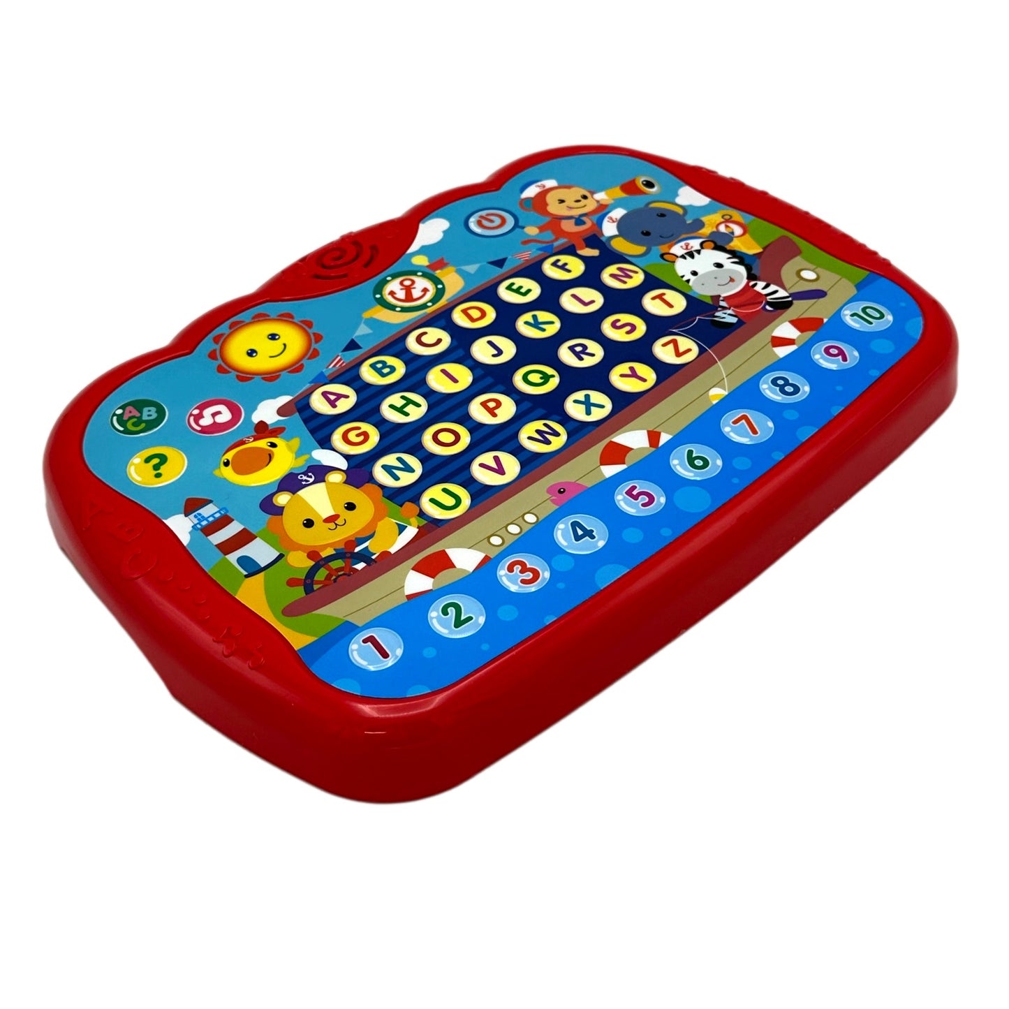 Red children's learning tablet with a nautical theme.