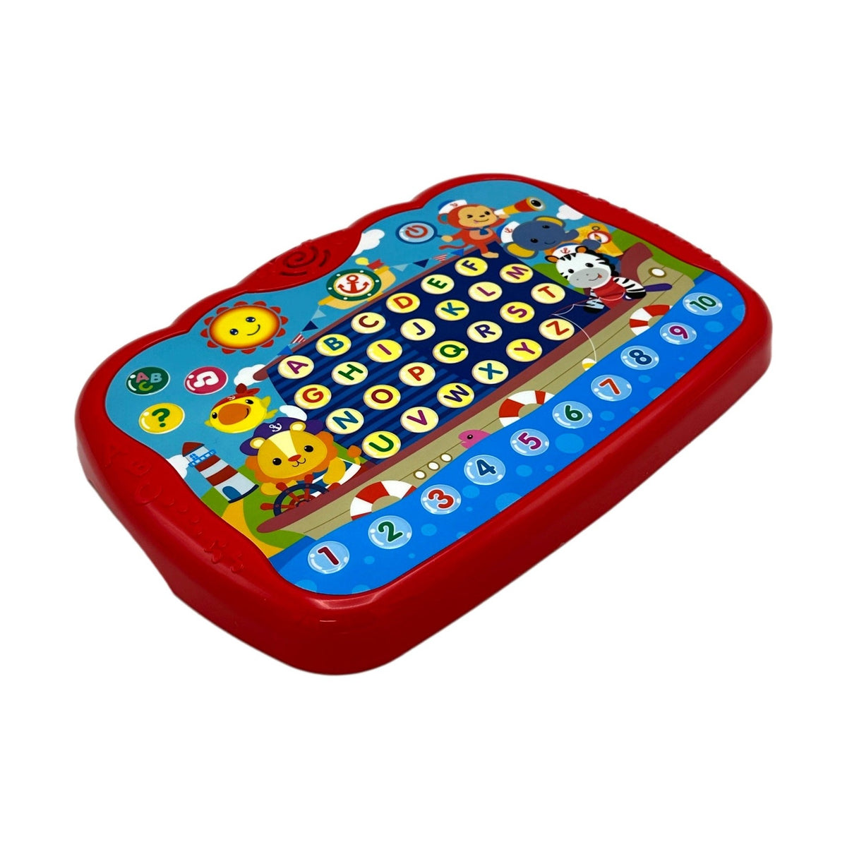 Red children's learning tablet with a nautical theme.