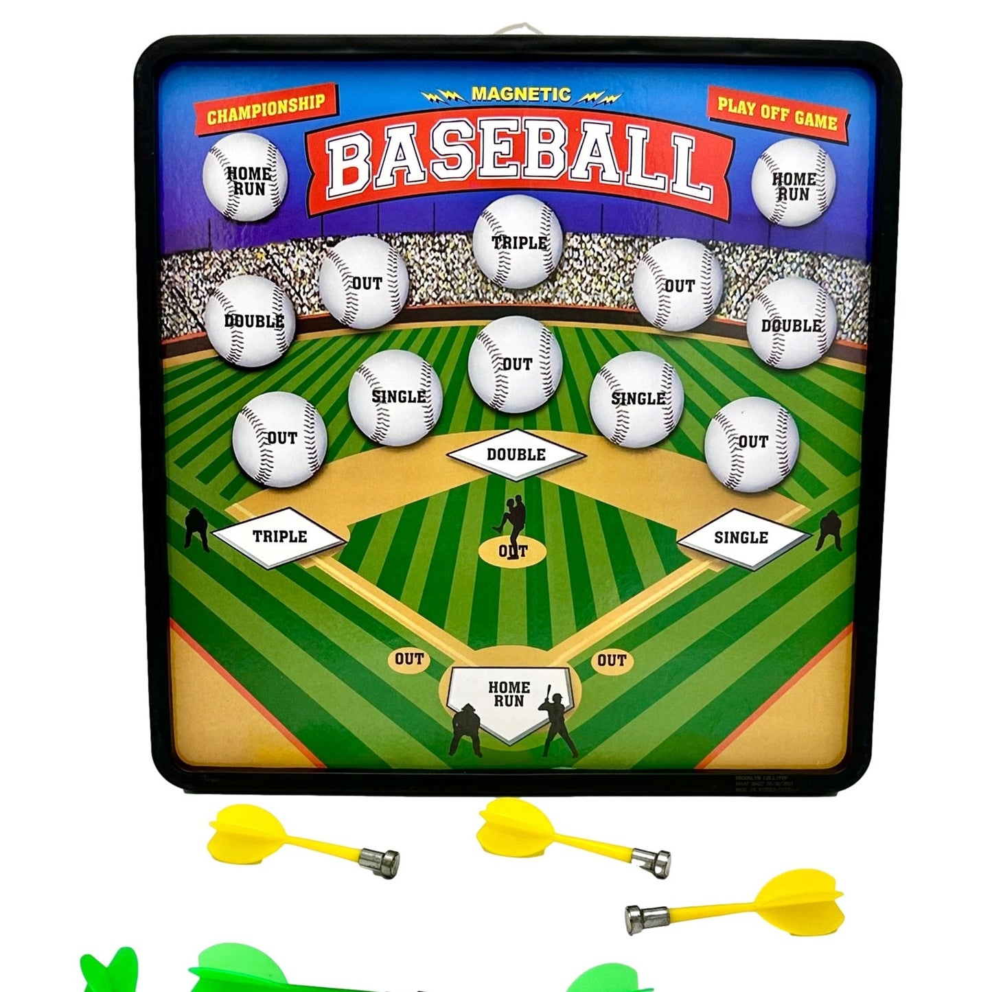 A magnetic baseball dart game with yellow and green darts.