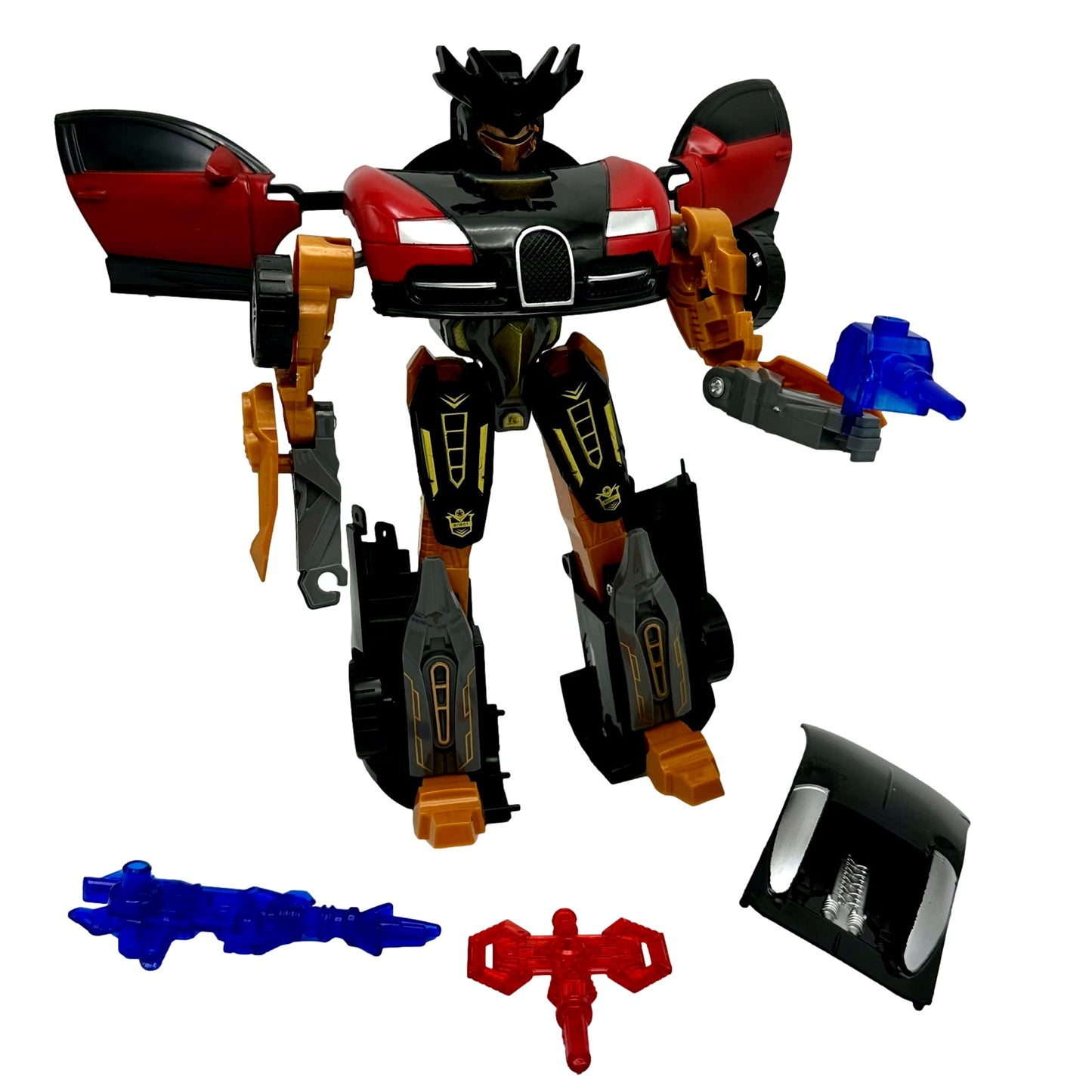 Transformer toy with red and black car parts, gold details, and blue and red accessories.