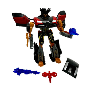 Transformer toy with red and black car parts, gold details, and blue and red accessories.
