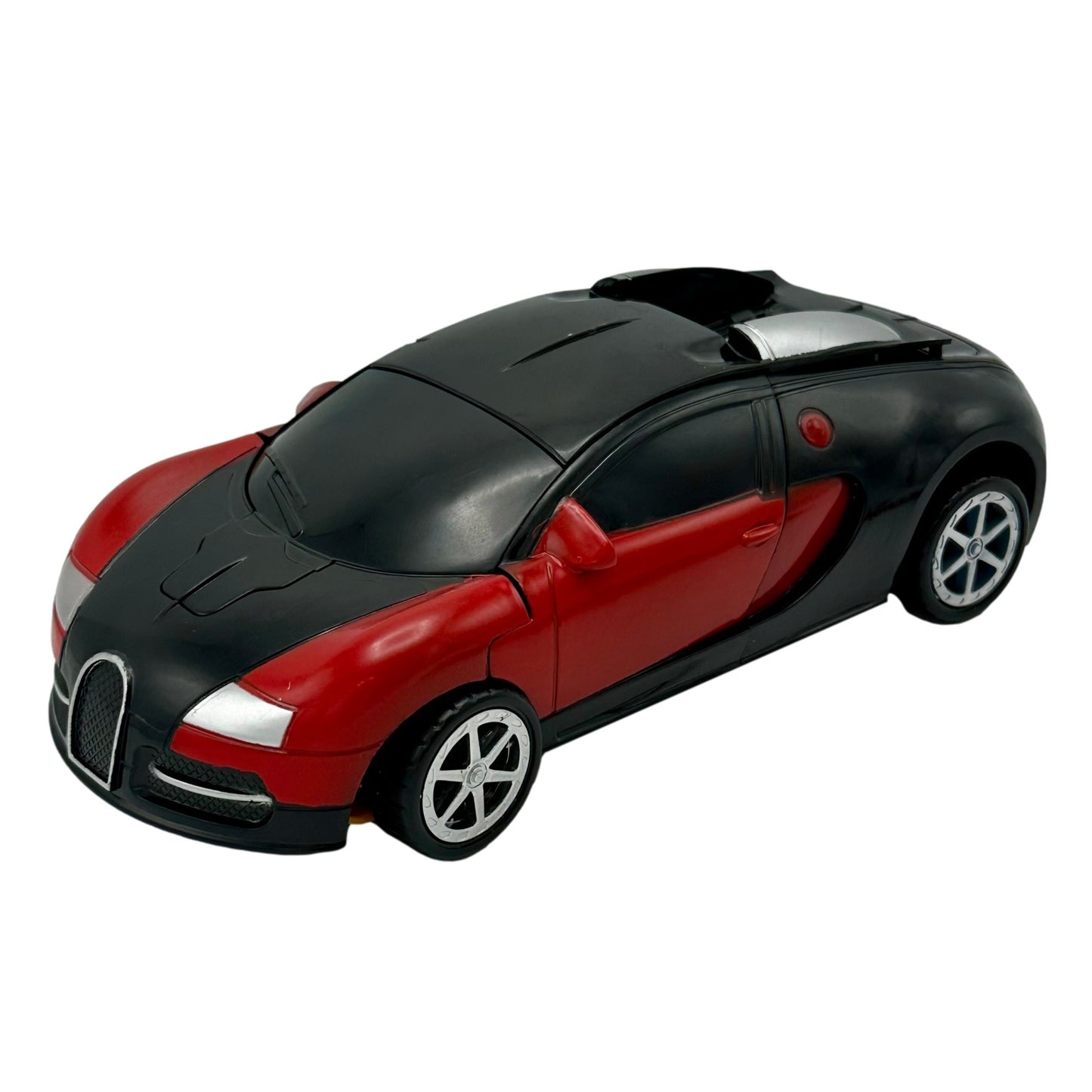 Red and black Bugatti-style toy car.