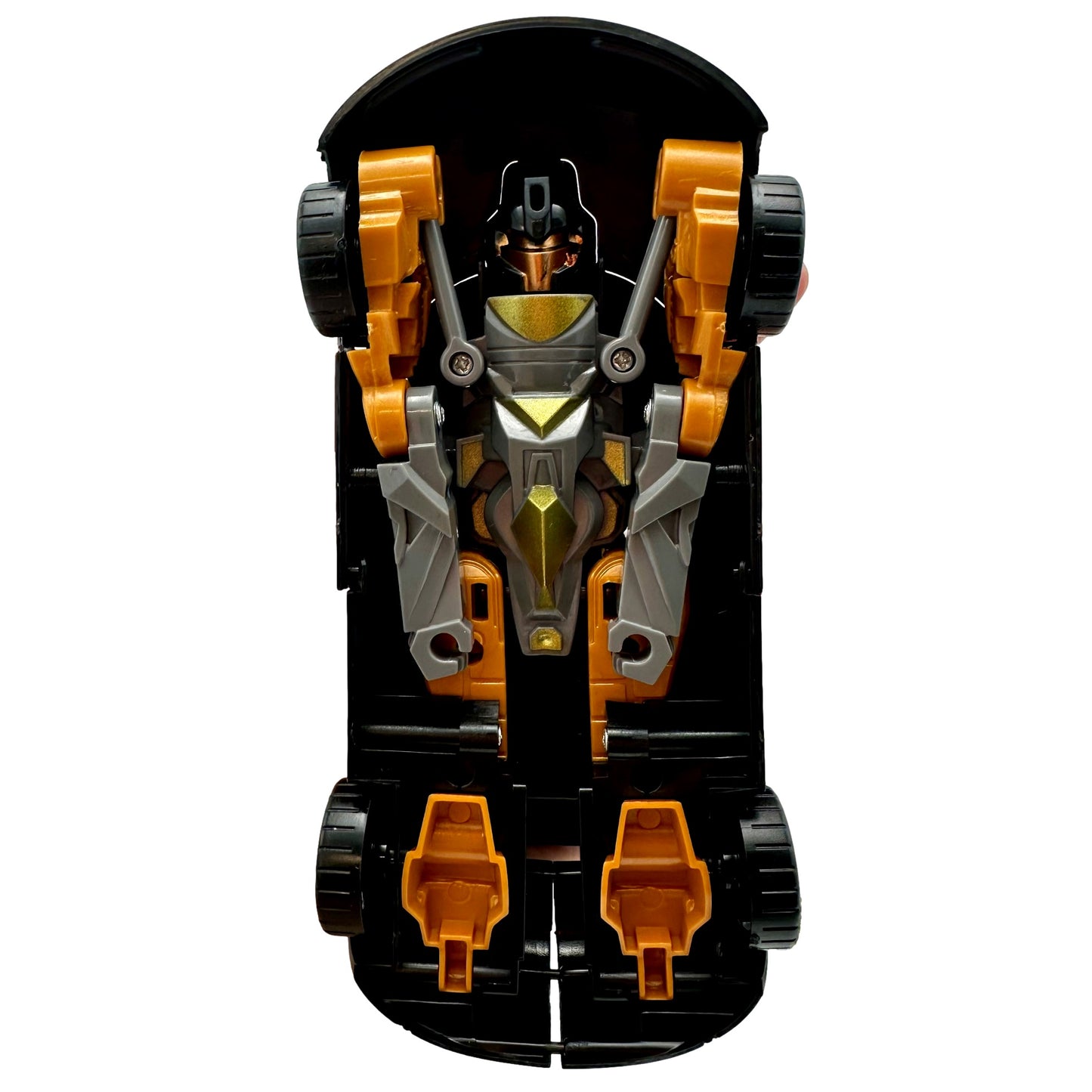 Black car transformer toy with gold and gray accents.