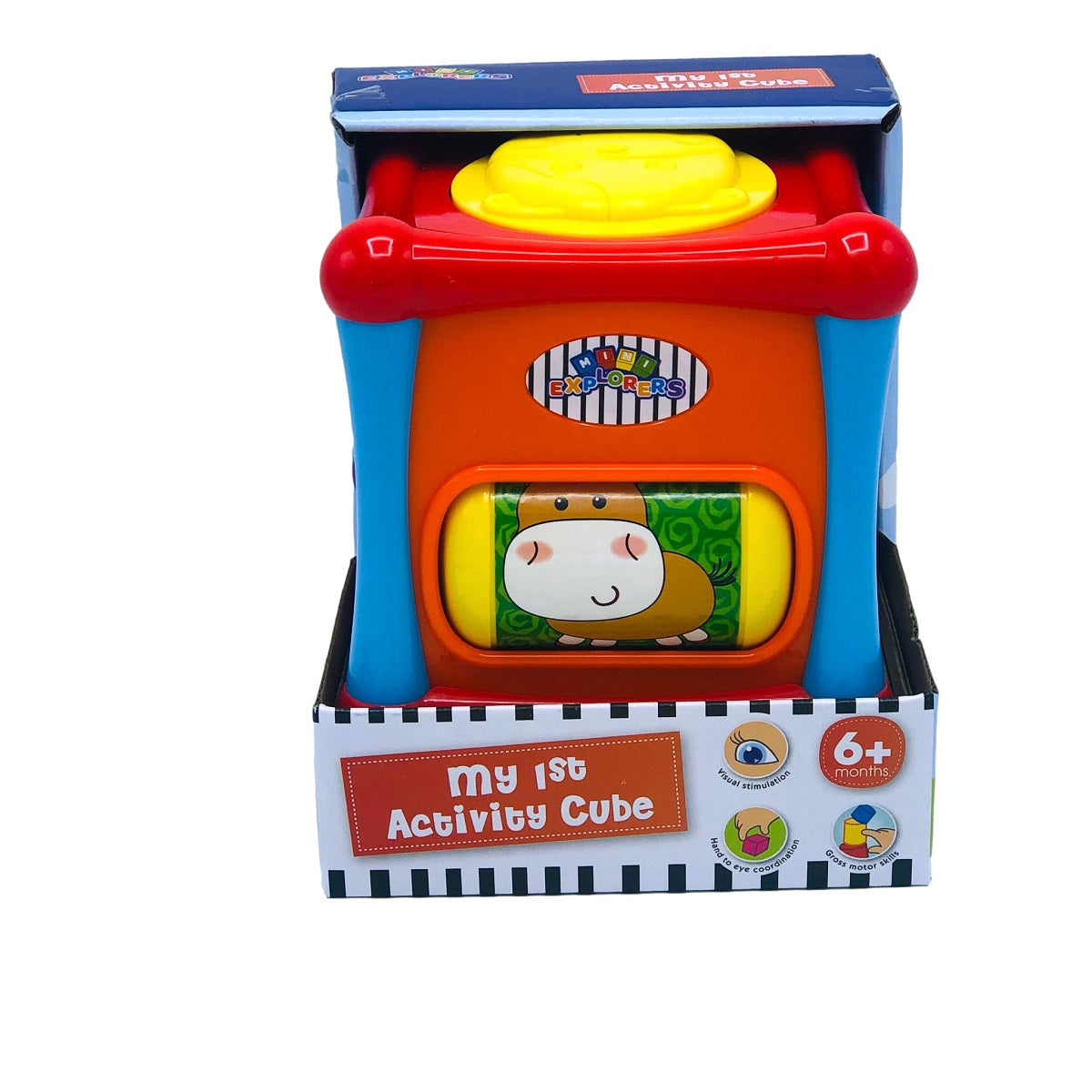 Close-up of a colorful "My 1st Activity Cube" toy with a box.