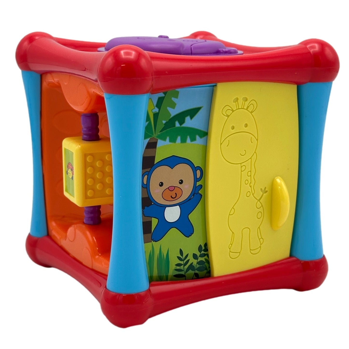 Colorful toy cube with animal-themed sides.