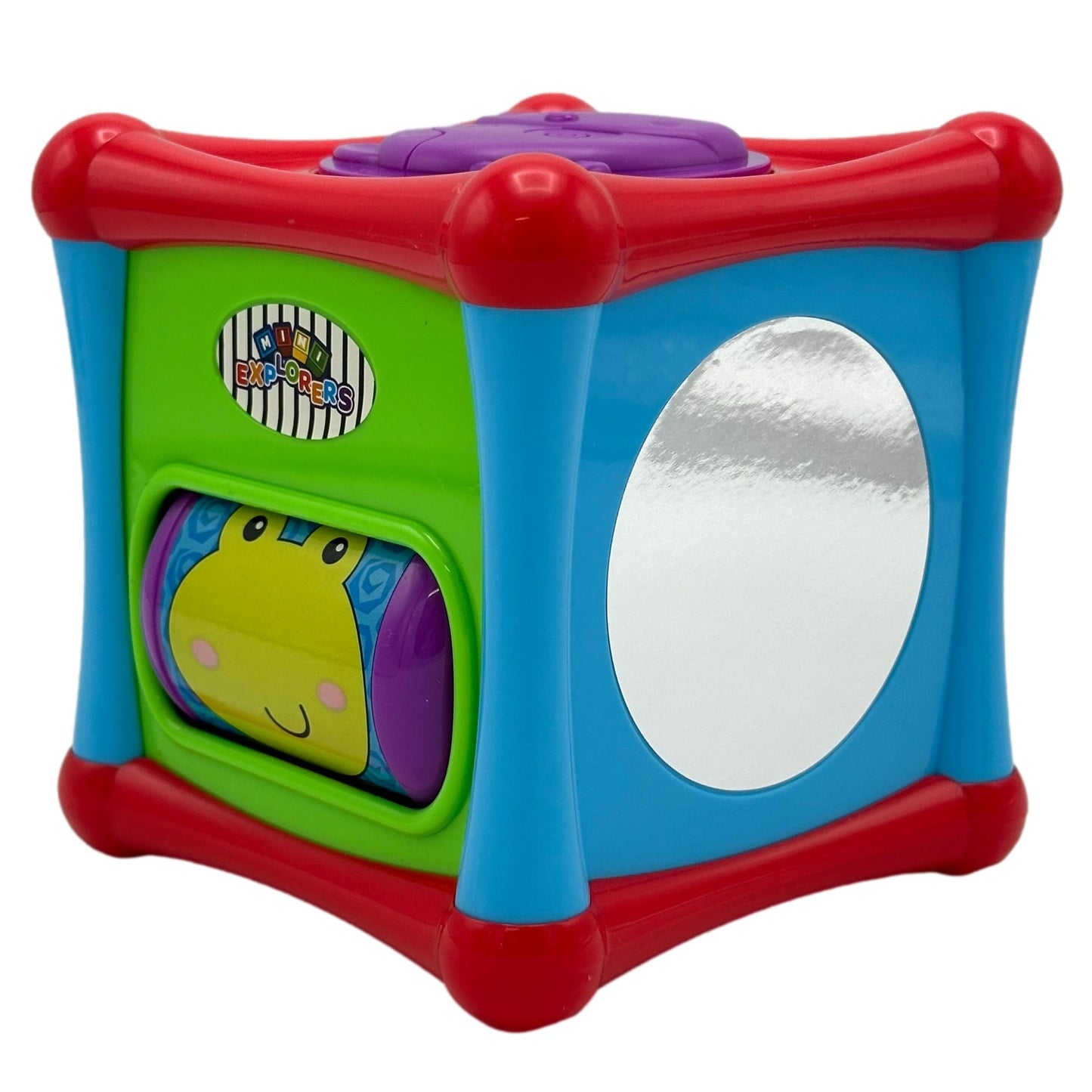 Colorful toy activity cube with a mirror, spinning face, and buttons.
