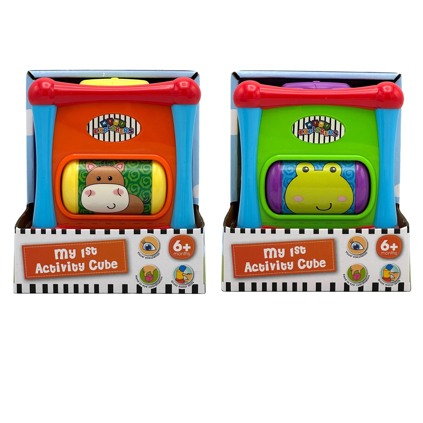 Two boxed "My 1st Activity Cube" toys, one orange with a horse graphic and the other green with a frog graphic.