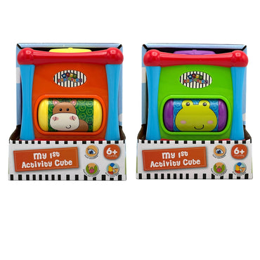 Two boxed "My 1st Activity Cube" toys, one orange with a horse graphic and the other green with a frog graphic.