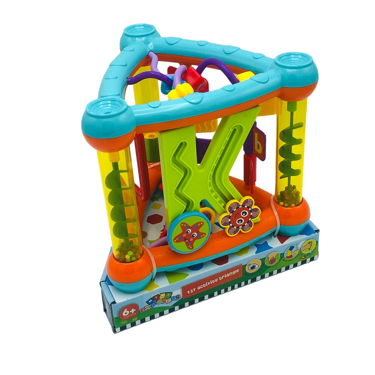 Colorful triangular baby activity center with bead maze and spiral ball drops.