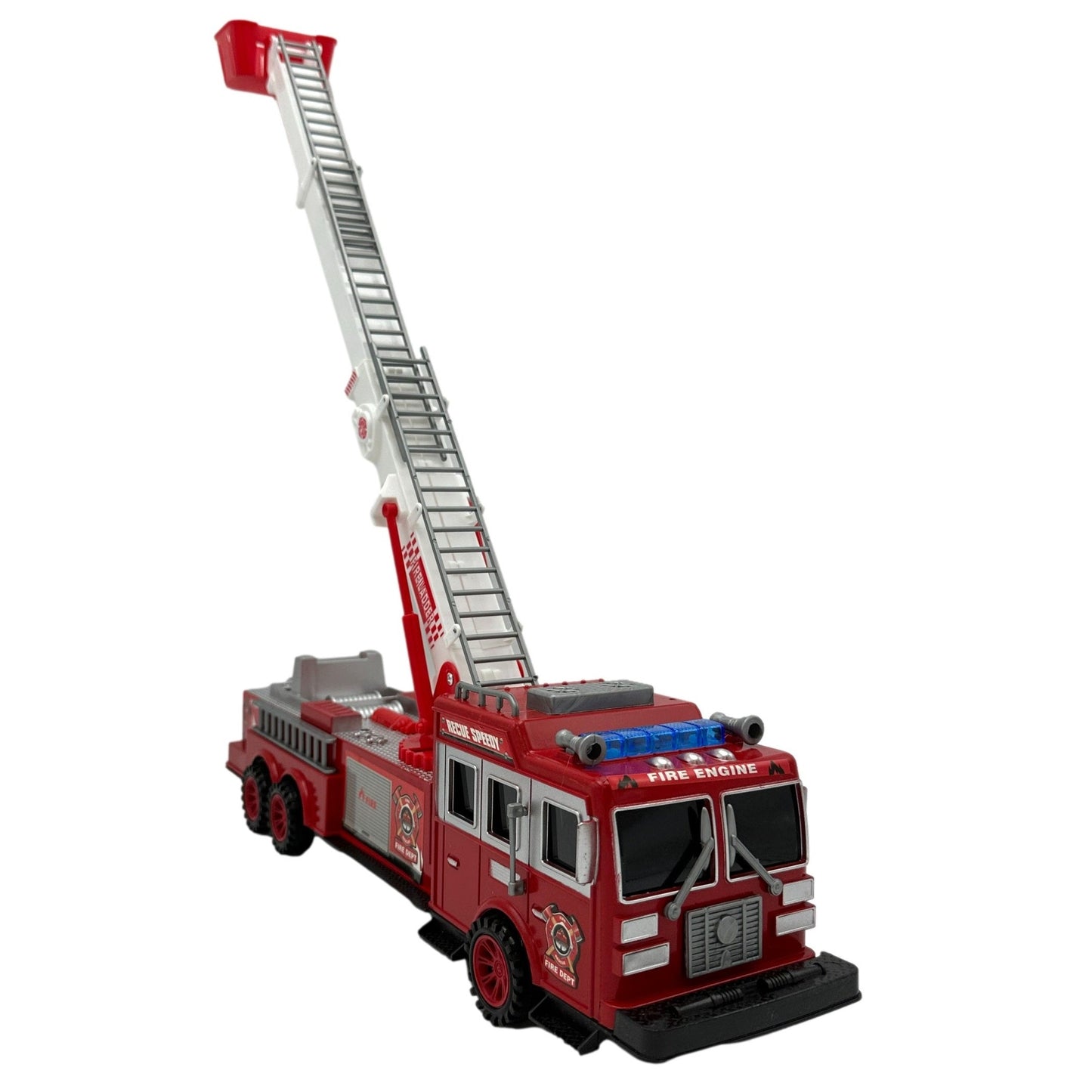 Toy fire engine with extended ladder.