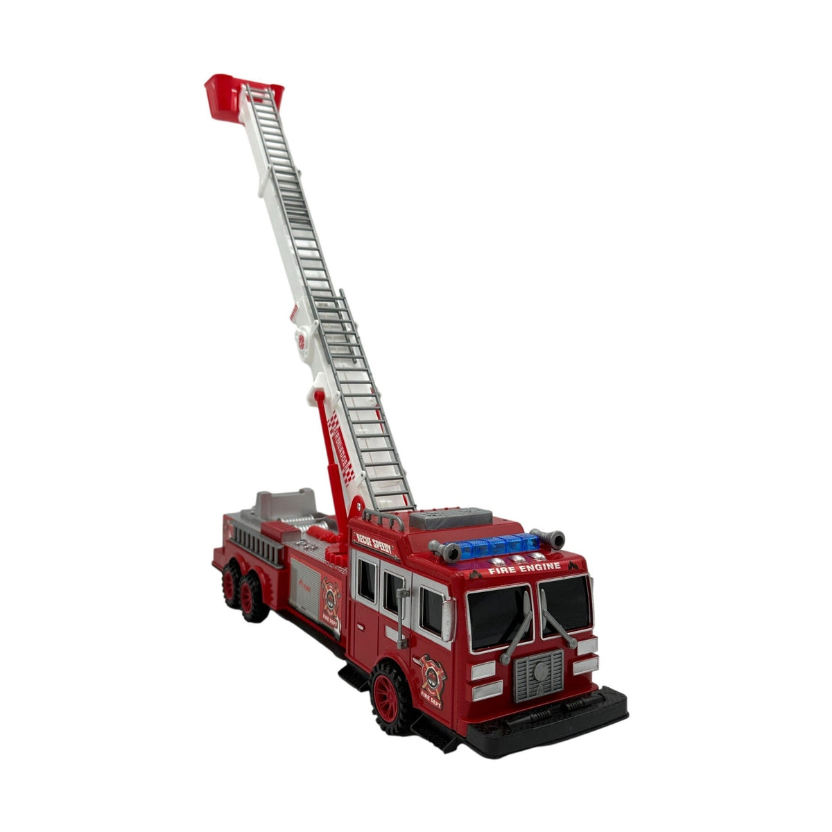 Toy fire engine with extended ladder.
