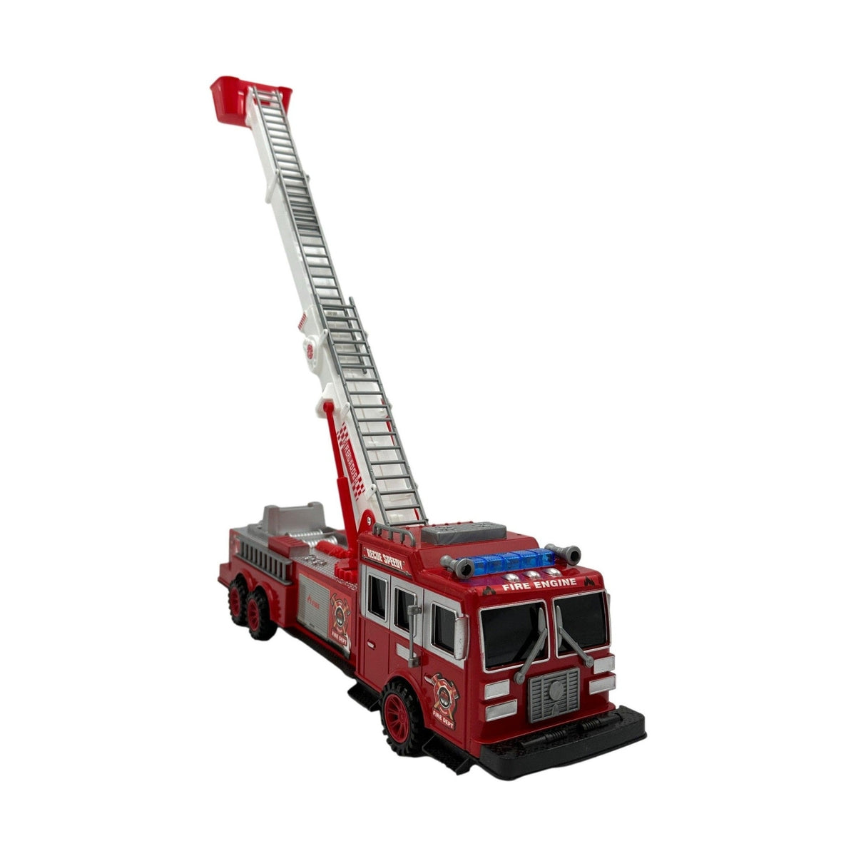 Toy fire engine with extended ladder.