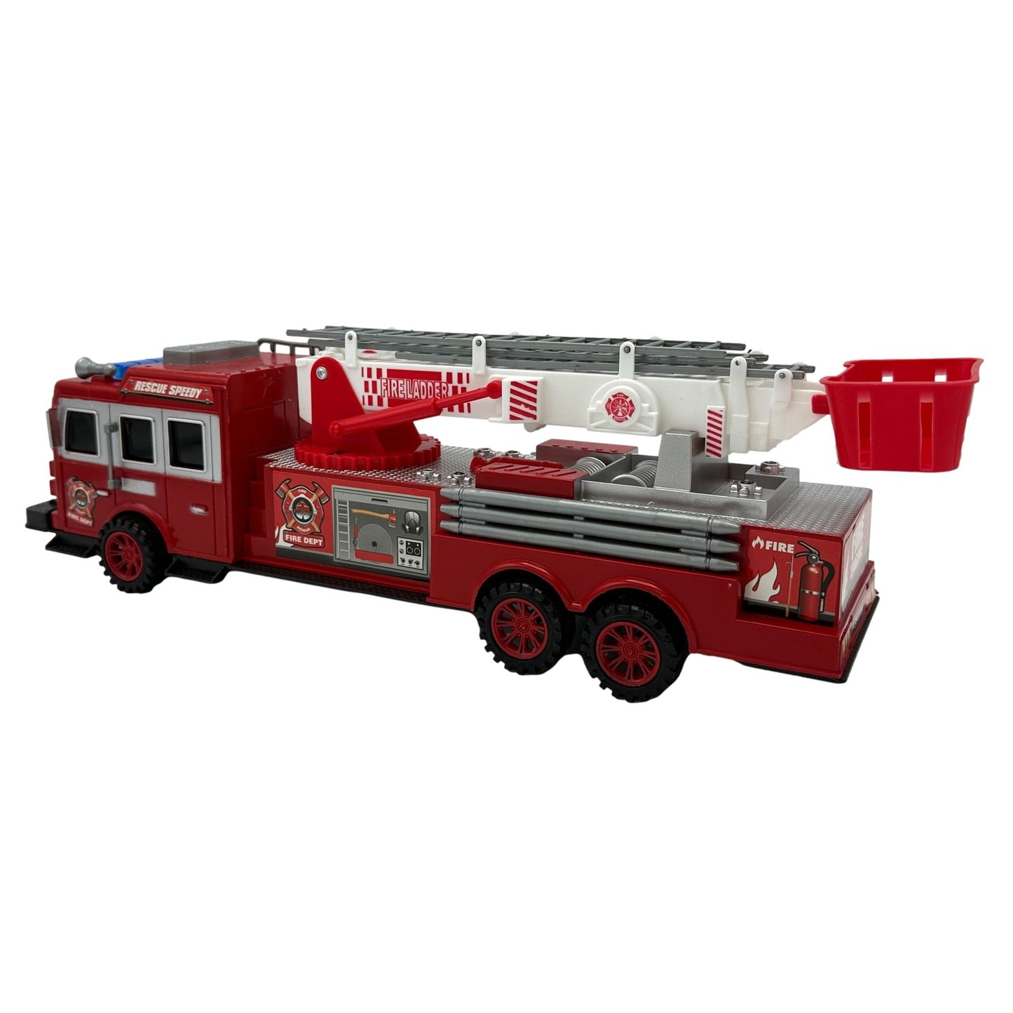 Red toy fire engine truck with extended ladder.