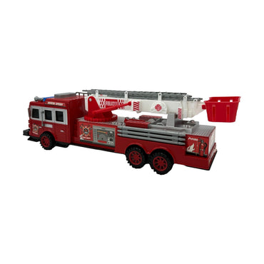 Red toy fire engine truck with extended ladder.