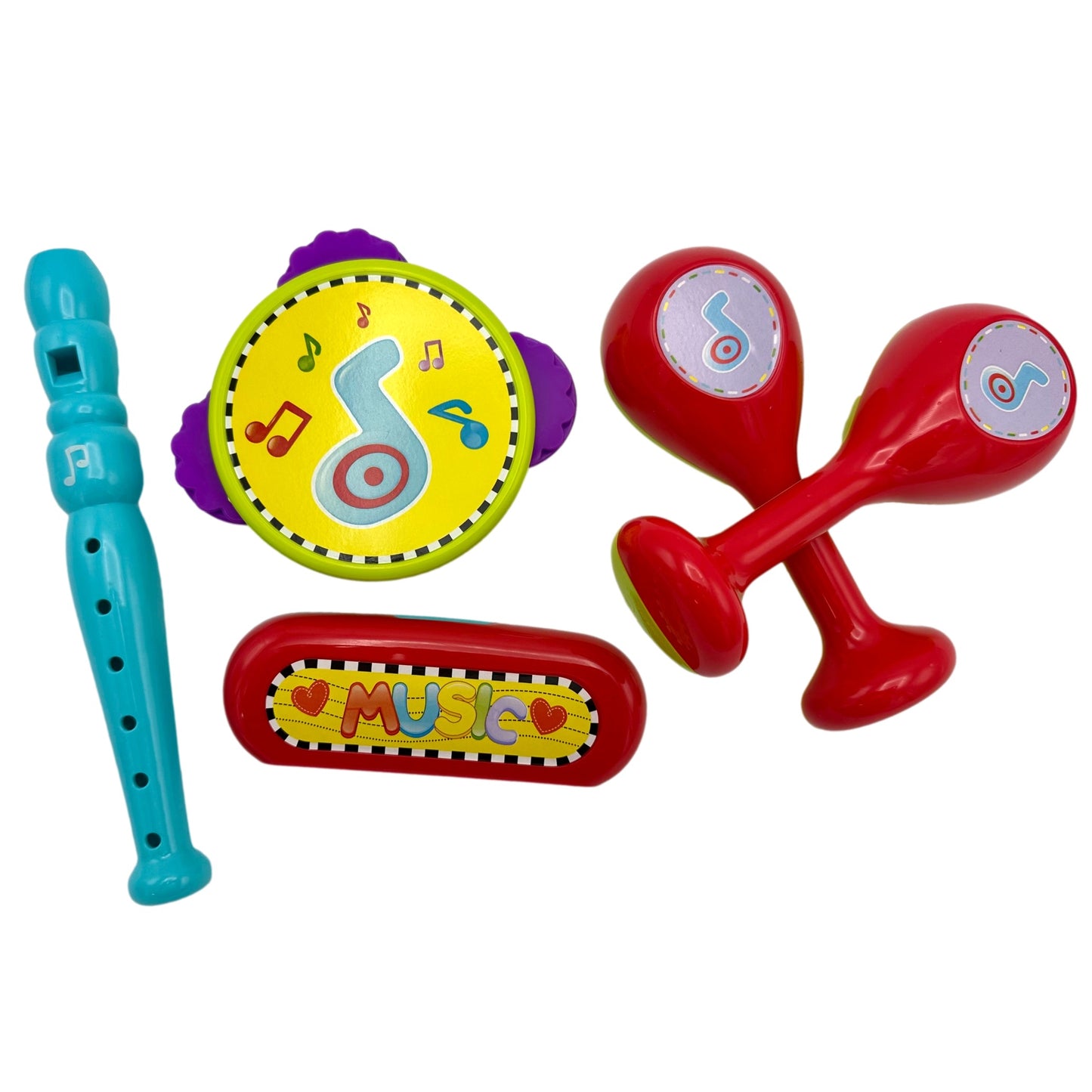 A set of colorful toy musical instruments.