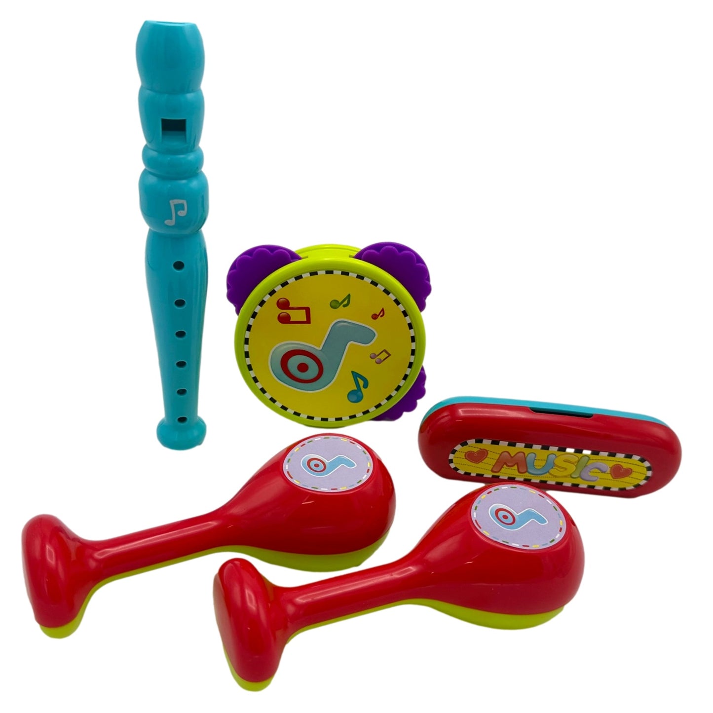 Colorful toy musical instrument set.