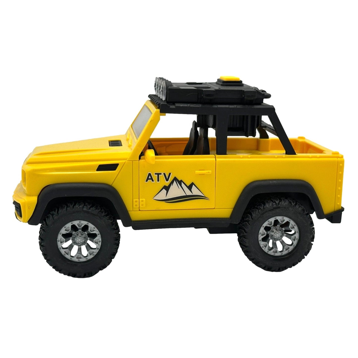 Yellow toy ATV with black roof rack.