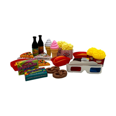 Various toy food items and 3D glasses.