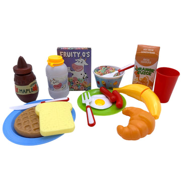 Toy breakfast food assortment with waffle, toast, egg, sausages, cereal, orange juice, and more.