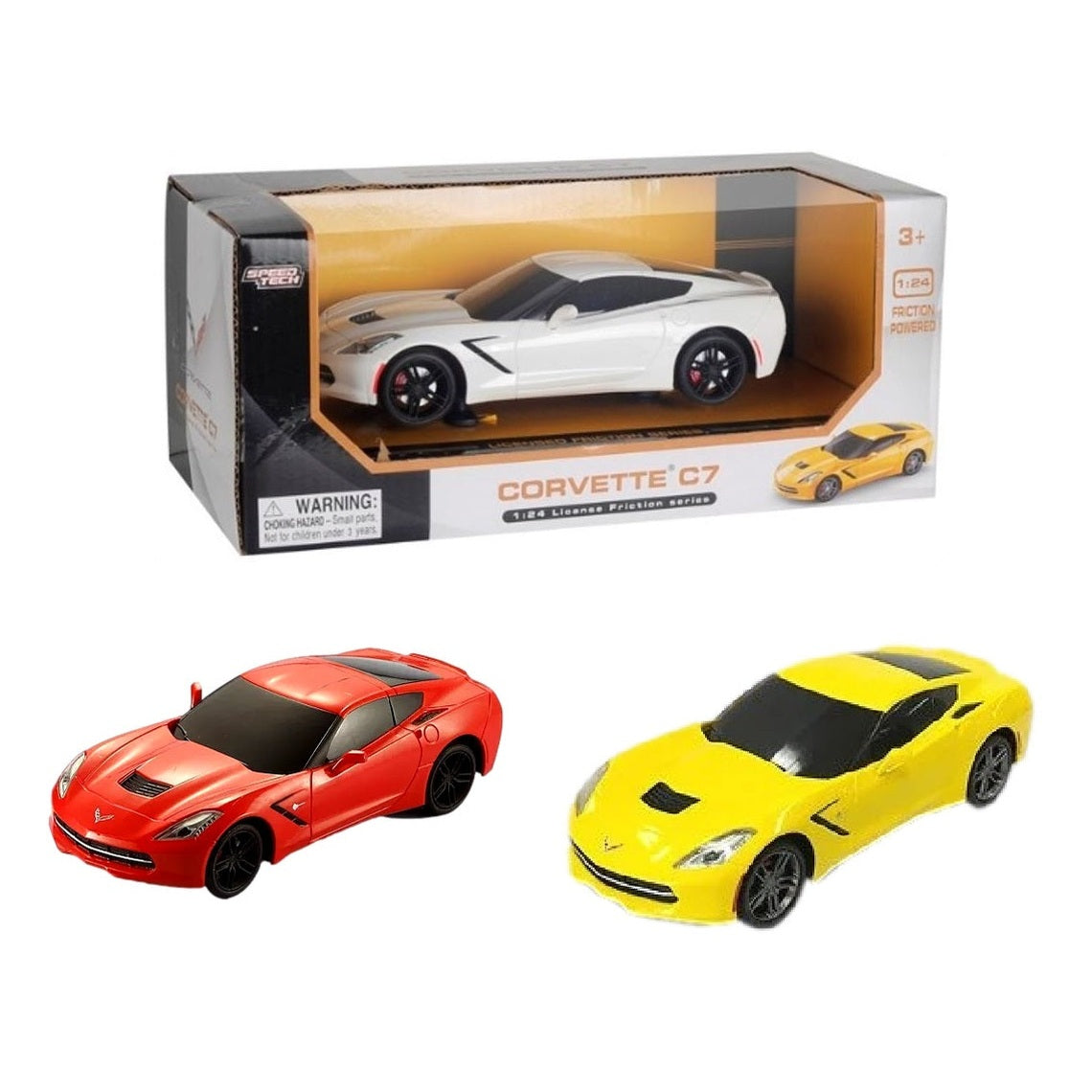 Toy Corvette C7 cars in red, yellow, and white.
