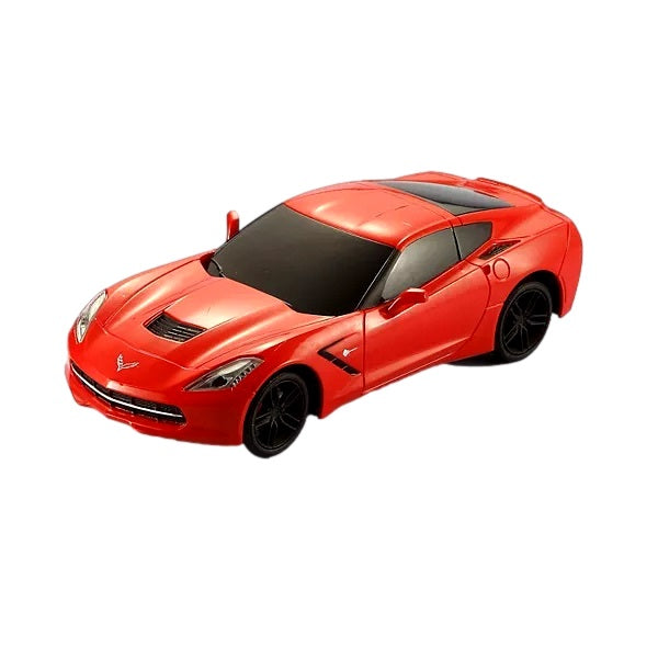 Red toy Corvette car with black wheels.