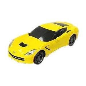 Here are some descriptive alt tags for the image:
* **Yellow toy sports car.**
* **Miniature yellow Corvette.**
* **Small, bright yellow toy car with black details.**