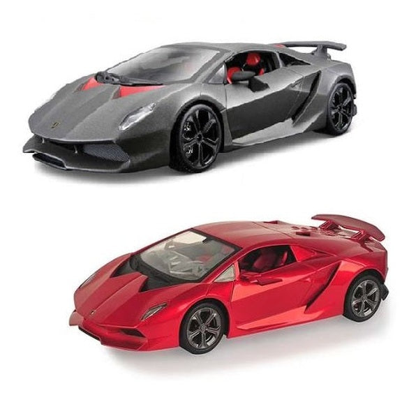 Two toy Lamborghini Sesto Elemento cars: one red, one gray.