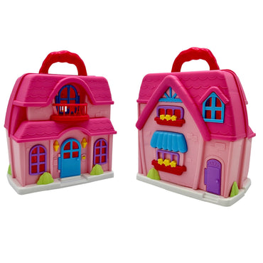 Two pink toy houses with red handles, blue and purple doors and windows.