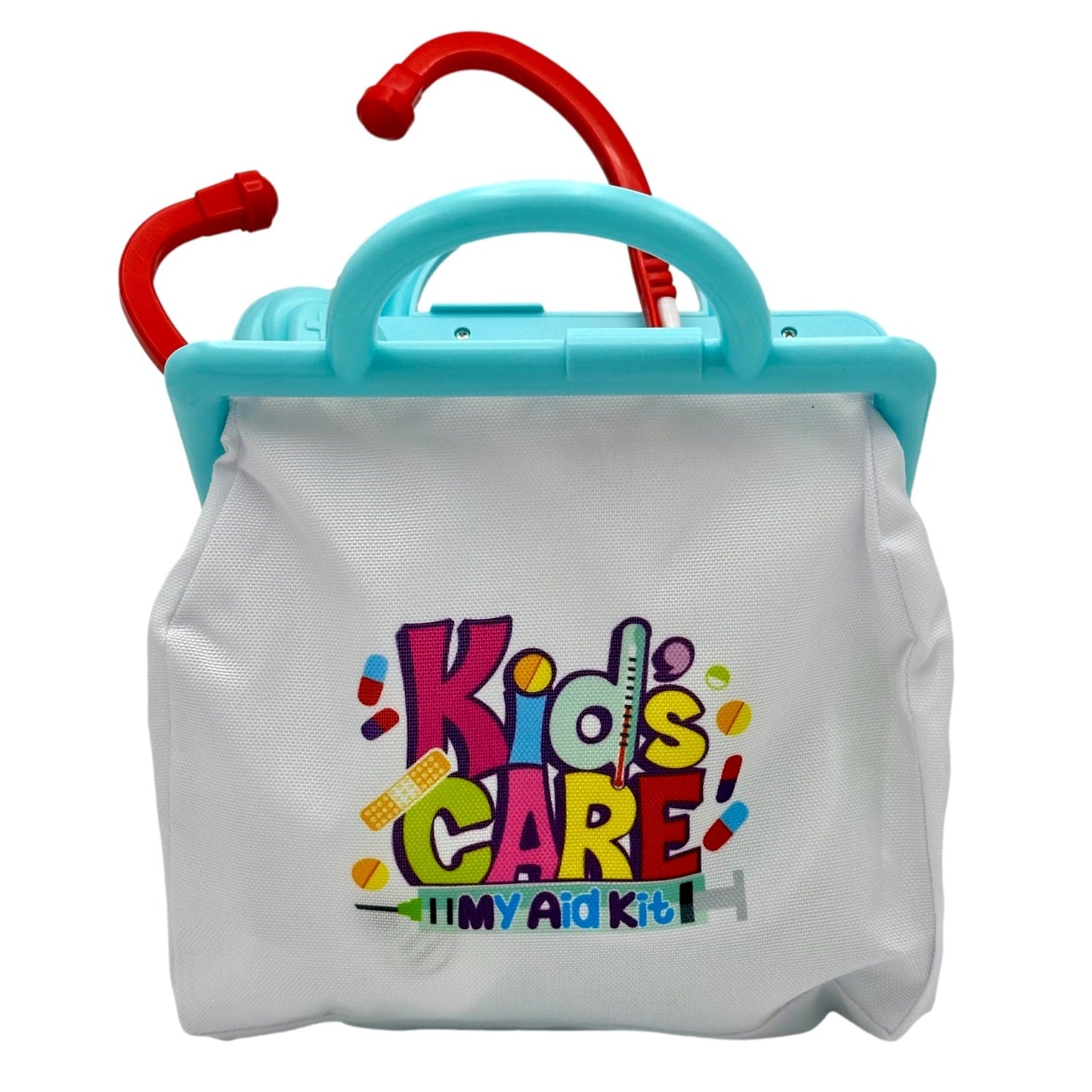 Toy first aid kit with a blue plastic handle and a white bag with colorful "Kids Care" logo. A red stethoscope is coming out of the kit.