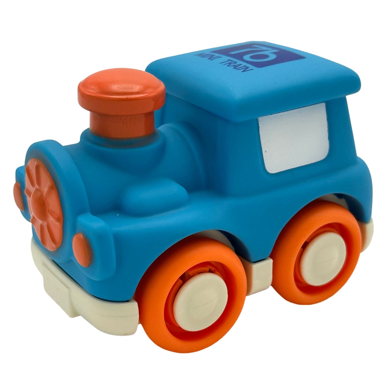 Blue toy train with orange wheels.