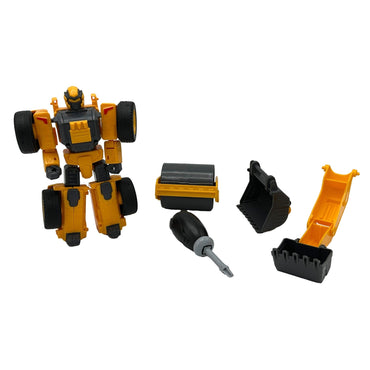 Yellow and black toy transformer with construction vehicle parts.