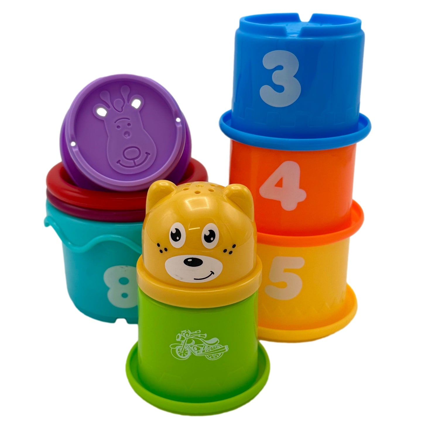 Stacking cups baby toy with numbers and shapes.