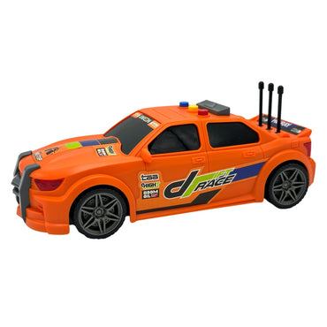 Orange toy race car with black and green decals.