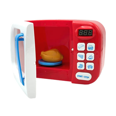 Red and white toy microwave with toy chicken inside.