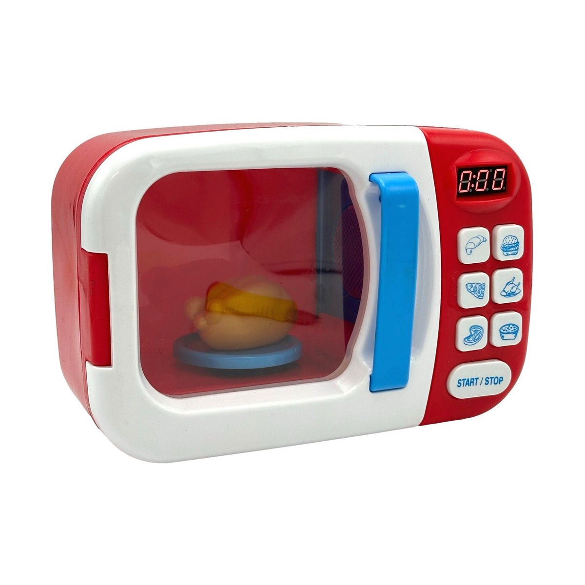 Red, white, and blue toy microwave oven with a toy hamburger inside.