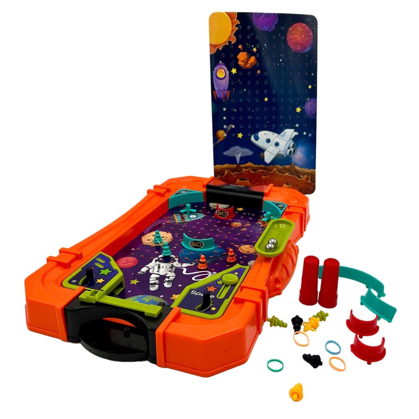 A space-themed pinball machine with orange plastic frame and backdrop, alongside various small parts.