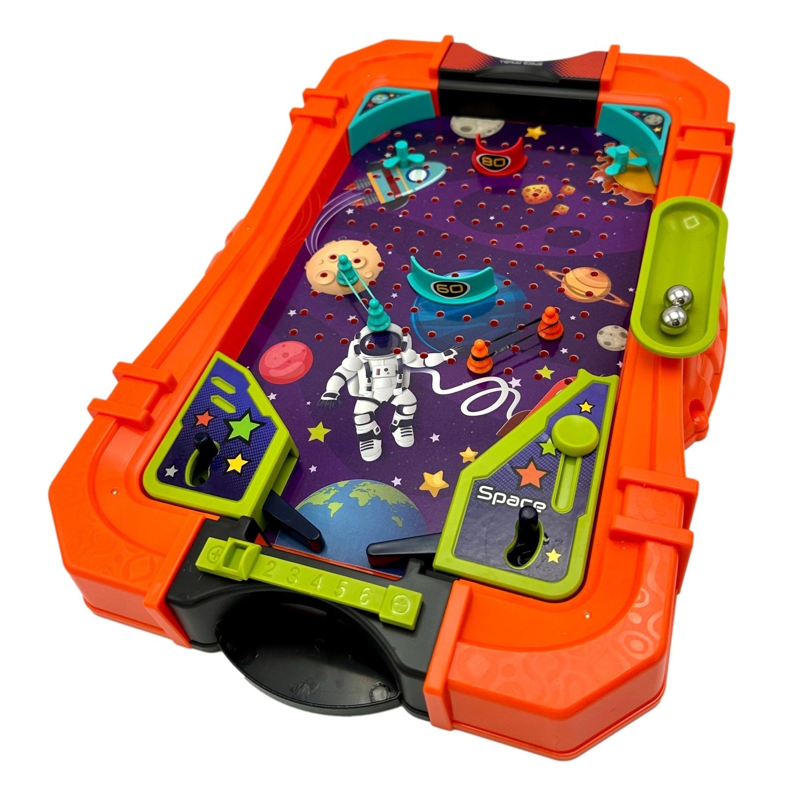 Orange space-themed pinball game.