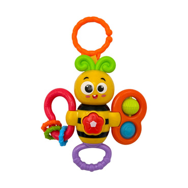 Colorful plastic bee-shaped baby toy.