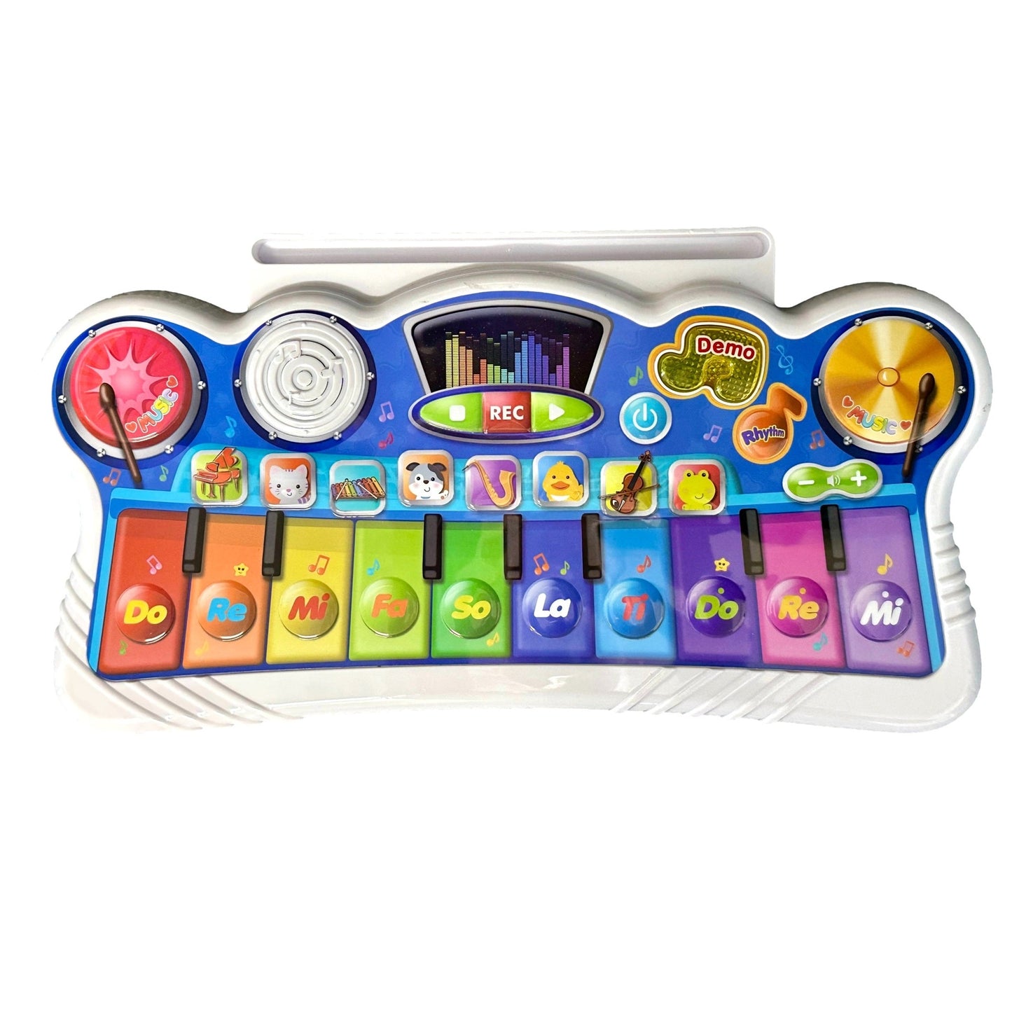 Colorful toy piano with drums and sound effects.