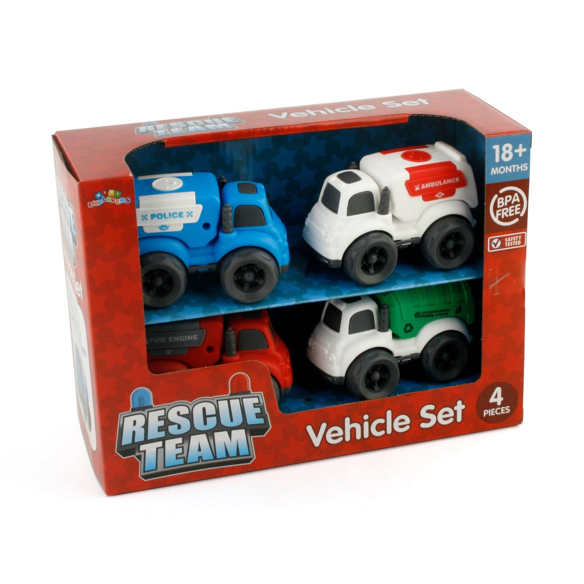 Boxed "Rescue Team Vehicle Set" with four toy trucks: police, ambulance, fire engine, and sanitation.