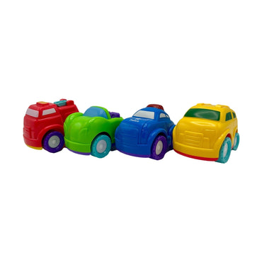 Four toy cars in a row: red fire truck, green convertible, blue police car, yellow SUV.