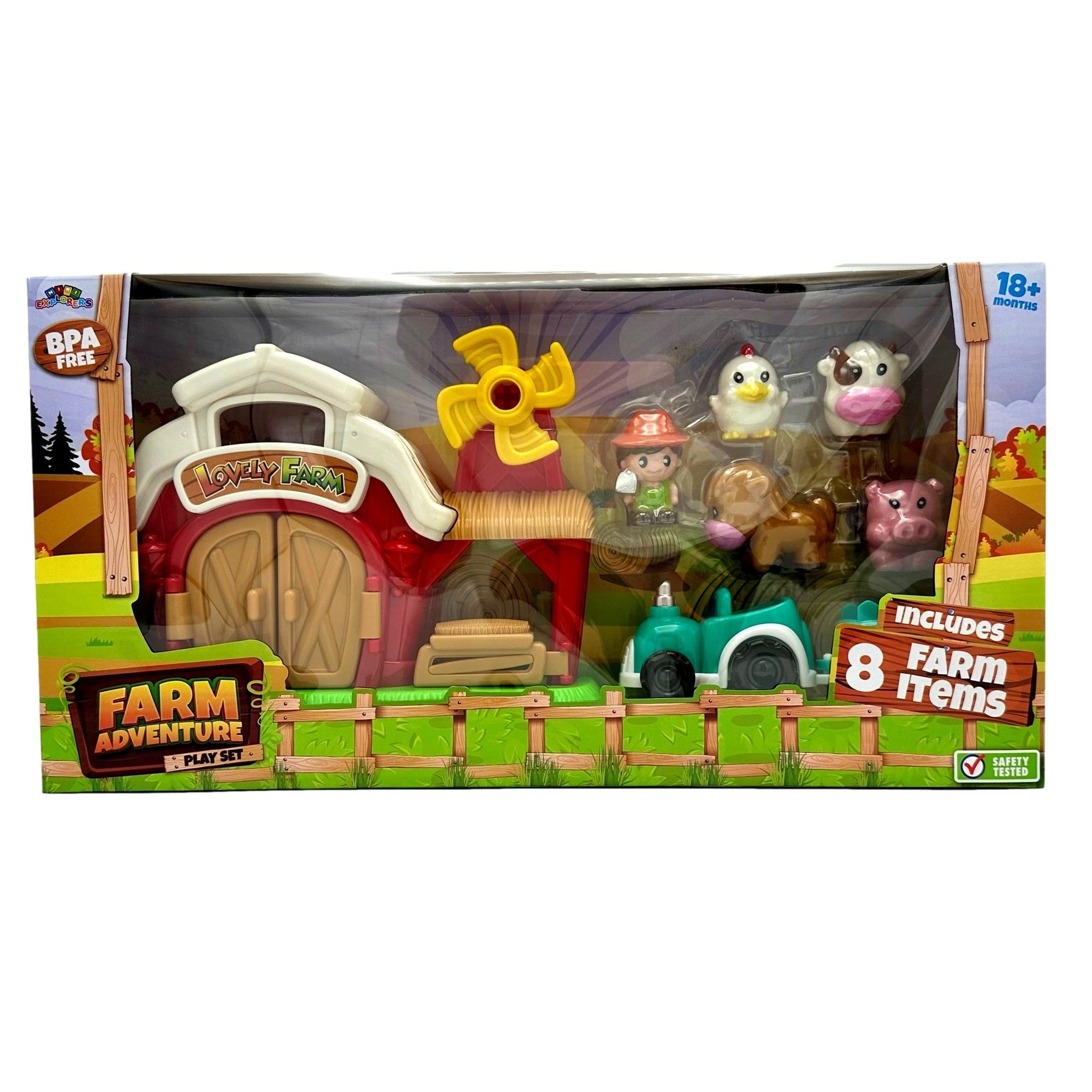 Toy farm play set with barn, tractor, farmer figure, and farm animals in package.