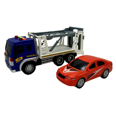 A blue car carrier with an orange car next to it.