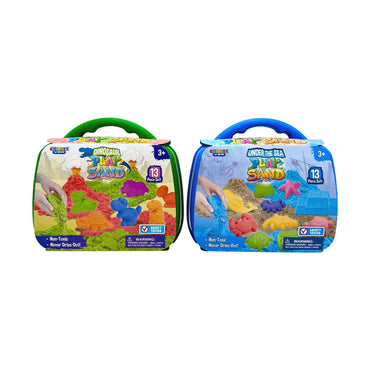 Two playsand sets, one with dinosaurs, the other with sea creatures.