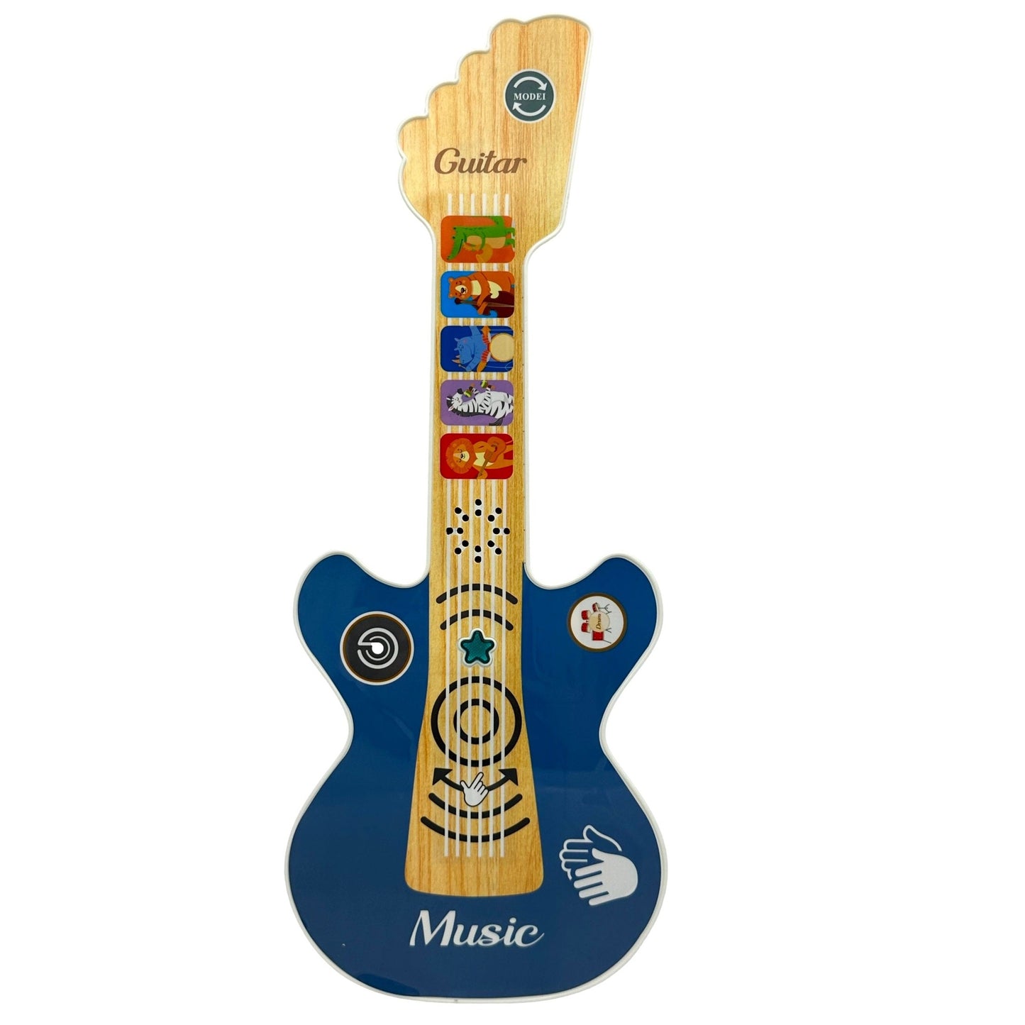 Blue and wood toy guitar.